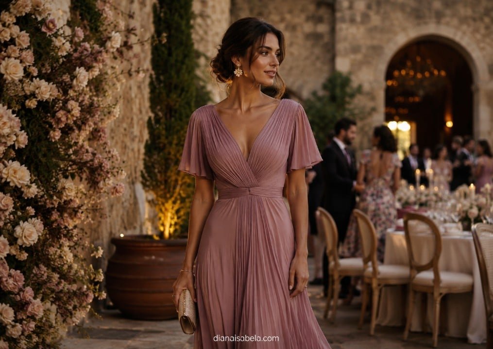 Wedding Guest Dresses: What to Wear to Every Type of Wedding 2 Elegant wedding guest in a dusty rose dress at a romantic courtyard wedding with flowers, warm lights, and formal reception tables
