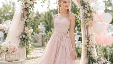 Teen wedding guest in a soft blush dress with blonde braids near a floral wedding arch and pastel balloons