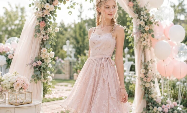 Teen wedding guest in a soft blush dress with blonde braids near a floral wedding arch and pastel balloons
