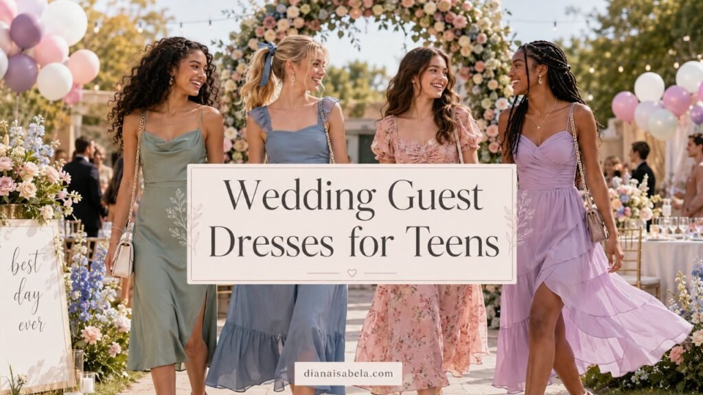 Wedding Guest Dresses for Teens: Cute, Classy, and Age-Appropriate 2 Wedding guest dresses for teens banner with four teen girls in pastel dresses near a floral wedding arch and balloons