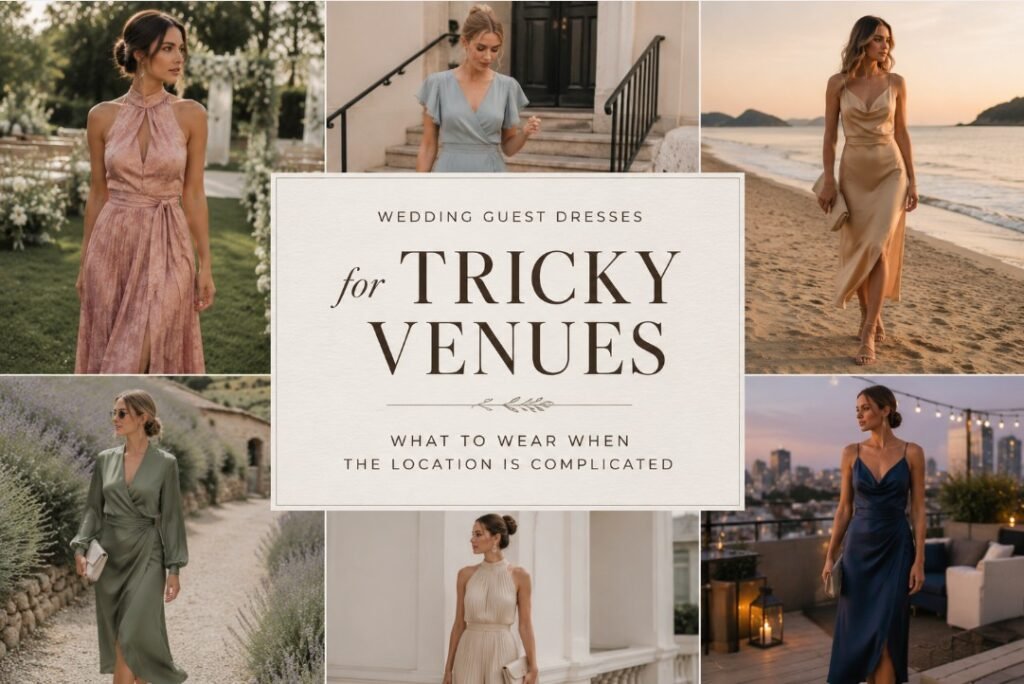 Wedding guest dresses for tricky venues collage with different women styled for garden, stairs, beach, gravel, city, and rooftop wedding locations
