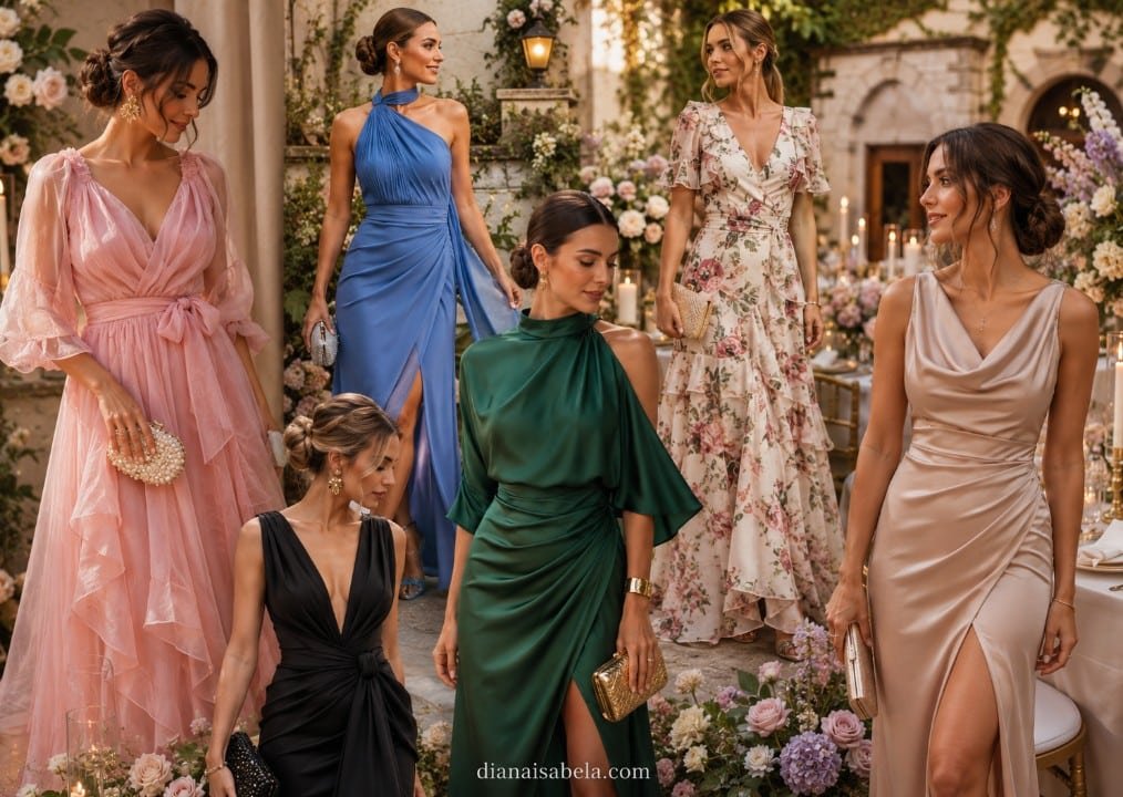 Wedding guest dresses collage with pink, blue, green, black, floral, and champagne dresses at a romantic wedding reception