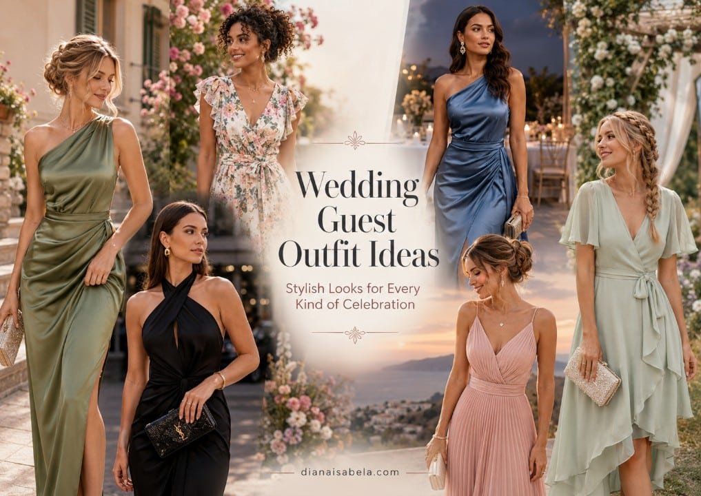 Wedding Guest Outfit Ideas: Stylish Looks for Every Kind of Celebration 2 Wedding guest outfit ideas collage banner with different women in sage, floral, blue, black, blush, and mint wedding guest looks