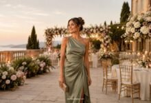 Elegant wedding guest outfit with a sage satin dress at a golden hour outdoor wedding reception