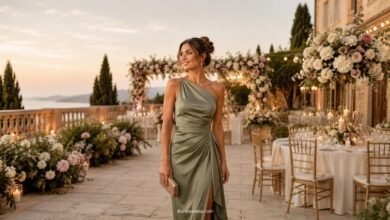Elegant wedding guest outfit with a sage satin dress at a golden hour outdoor wedding reception