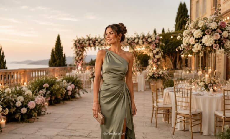 Elegant wedding guest outfit with a sage satin dress at a golden hour outdoor wedding reception