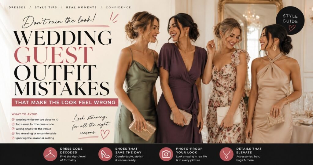 Wedding Guest Outfit Mistakes That Make the Look Feel Wrong 2 Wedding guest outfit mistakes banner with stylish women in different dresses and magazine-style tips about dress code, shoes, photos, and accessories