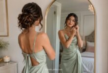 Stylish wedding guest checking her outfit in a mirror while getting ready in a sage satin dress before a wedding