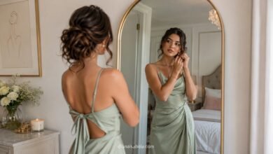 Stylish wedding guest checking her outfit in a mirror while getting ready in a sage satin dress before a wedding