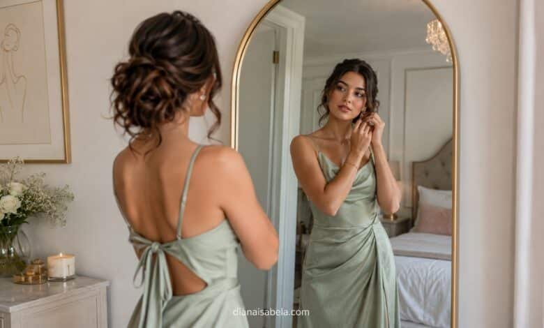 Stylish wedding guest checking her outfit in a mirror while getting ready in a sage satin dress before a wedding