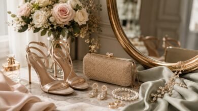 Elegant wedding guest shoes and accessories with gold heels, beaded clutch, pearl jewelry, flowers, and satin fabric on a marble vanity