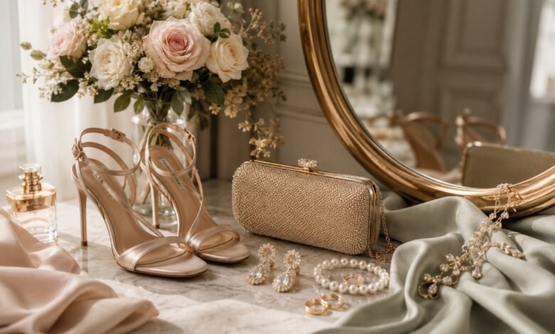 Elegant wedding guest shoes and accessories with gold heels, beaded clutch, pearl jewelry, flowers, and satin fabric on a marble vanity