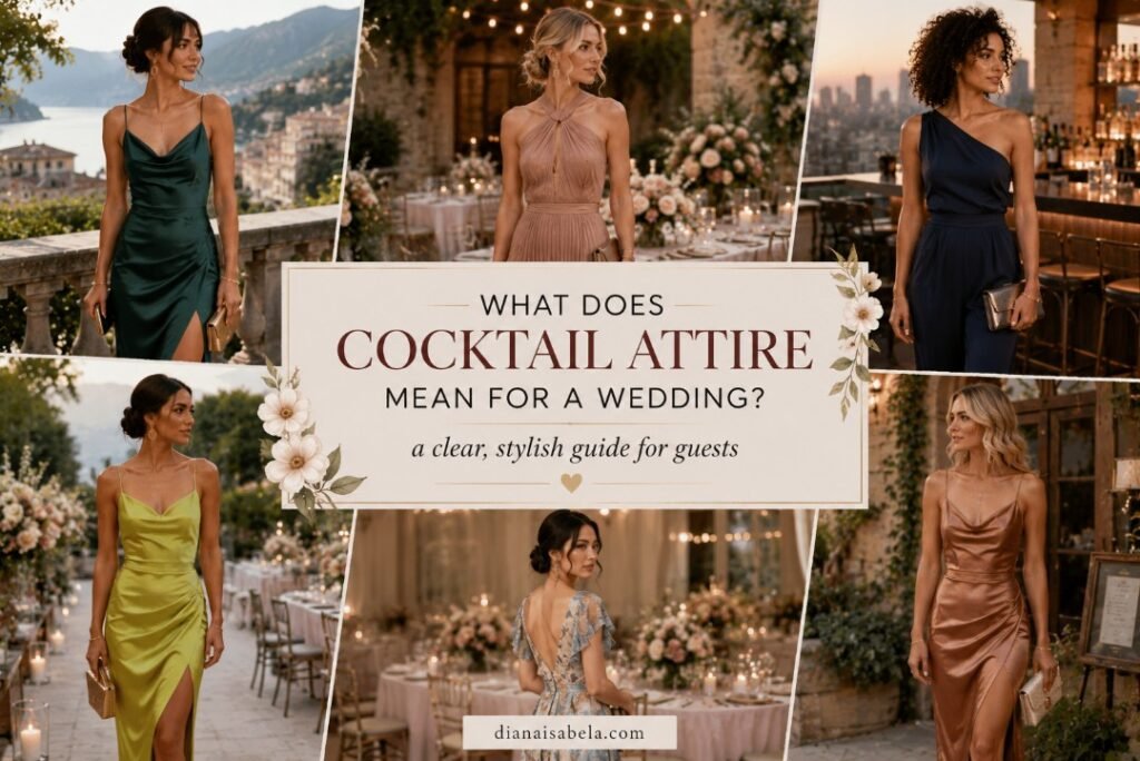 Cocktail wedding attire guide with elegant guest dresses, polished styling, and dress code outfit ideas