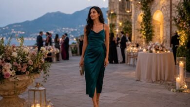 Cocktail wedding attire outfit with a teal satin dress, polished accessories, and elegant evening reception styling