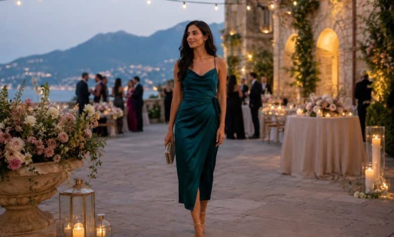 Cocktail wedding attire styled for an evening villa celebration with refined guest accessories