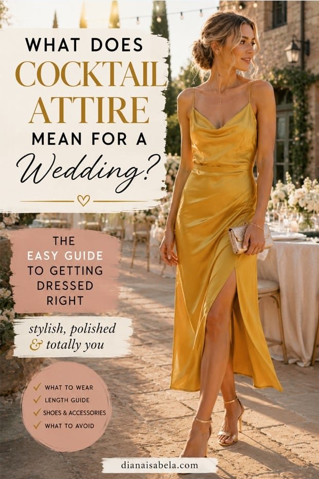 Cocktail wedding attire guide with a yellow satin dress, polished accessories, and elegant guest styling ideas