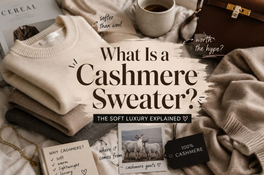 Cashmere sweater flat lay with cream and beige knits, coffee cup, leather bag, gold jewelry, cashmere label, goat photo, and soft luxury notes