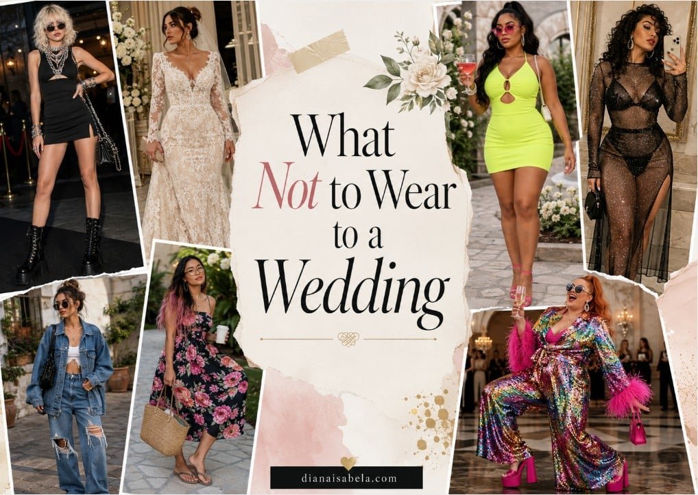 Collage banner showing cringe wedding guest outfits to avoid, including white lace, denim, neon mini dress, sheer black dress, rocker boots, and loud sequins