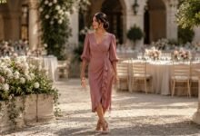 Elegant wedding guest in a dusty pink midi dress walking through a romantic courtyard wedding reception