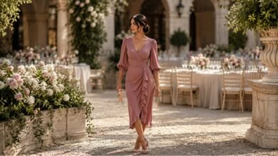 Elegant wedding guest in a dusty pink midi dress walking through a romantic courtyard wedding reception