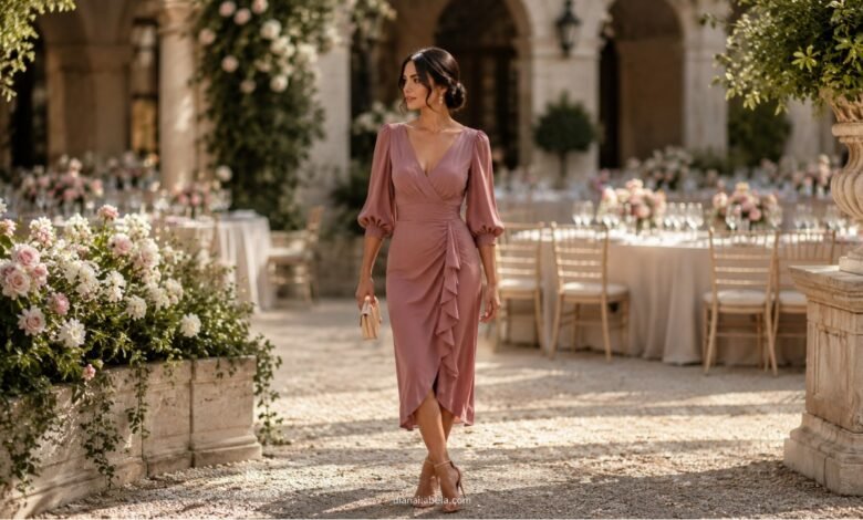 Elegant wedding guest in a dusty pink midi dress walking through a romantic courtyard wedding reception
