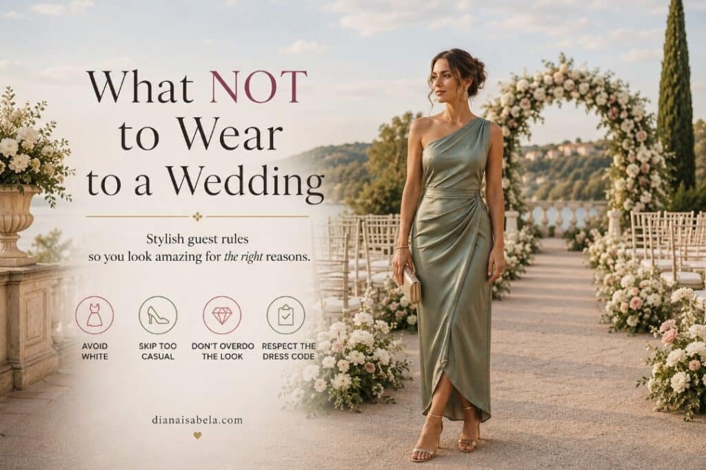 What Not to Wear to a Wedding: Stylish Guest Rules Without the Panic 2 What not to wear to a wedding banner with an elegant wedding guest in a sage dress by a floral ceremony aisle