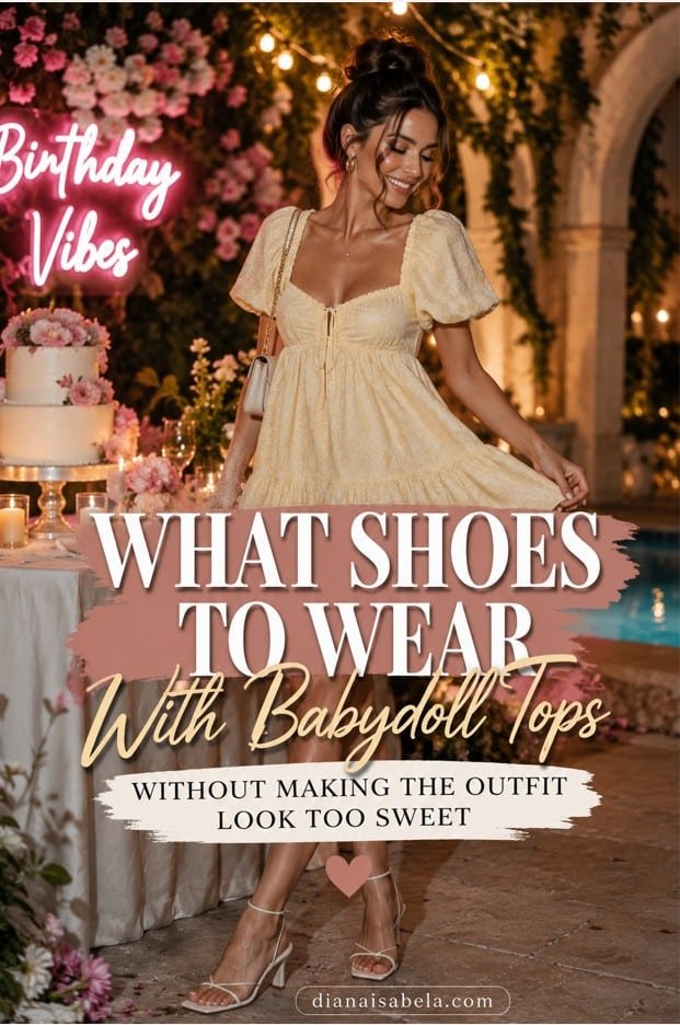 What Shoes to Wear With Babydoll Tops Without Making the Outfit Look Too Sweet 3 What shoes to wear with babydoll tops shown with a yellow babydoll outfit, strappy heels, and festive party styling