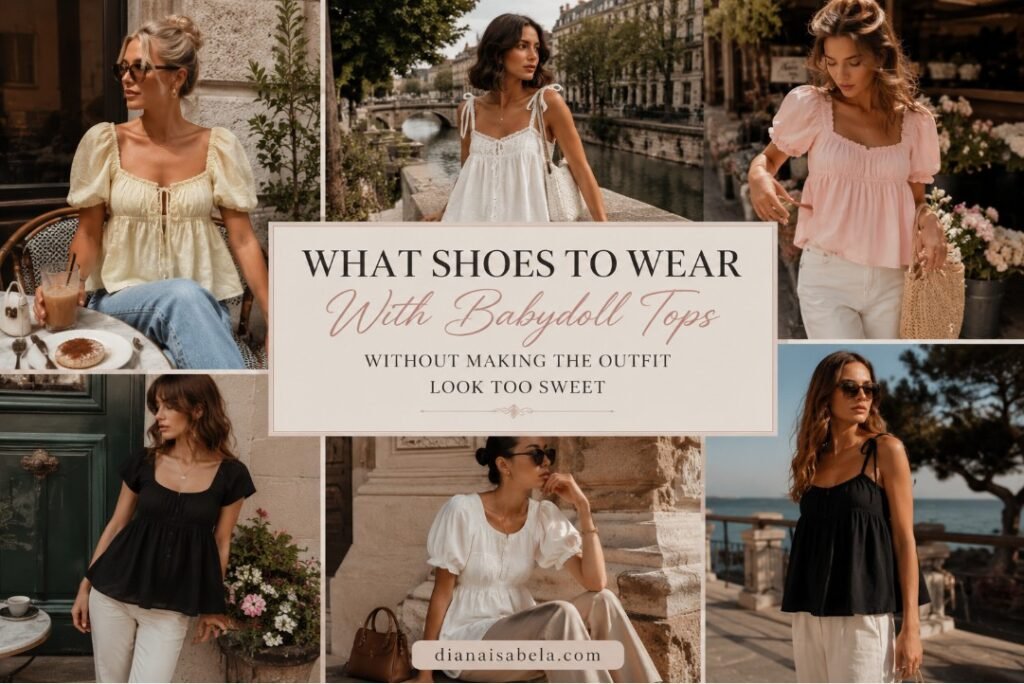 What Shoes to Wear With Babydoll Tops Without Making the Outfit Look Too Sweet 2 What shoes to wear with babydoll tops shown through different outfit ideas with feminine tops, polished flats, sandals, and elegant styling