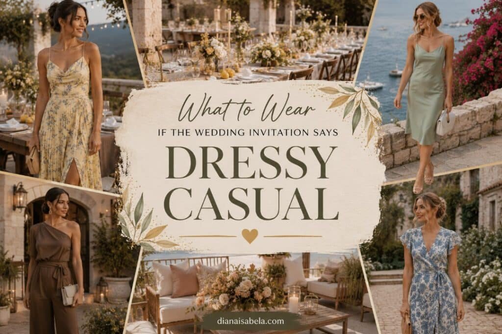 Dressy casual wedding guest outfit guide with relaxed dresses, polished accessories, and outdoor celebration styling ideas