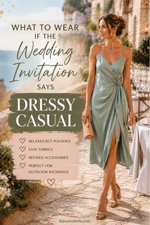 Dressy casual wedding guest outfit with a soft sage dress, refined accessories, and relaxed outdoor wedding styling