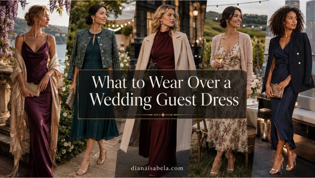 What to Wear Over a Wedding Guest Dress 2 Wedding guest dress layering guide with elegant outfit ideas using wraps, blazers, coats, cardigans, and polished accessories for different wedding settings