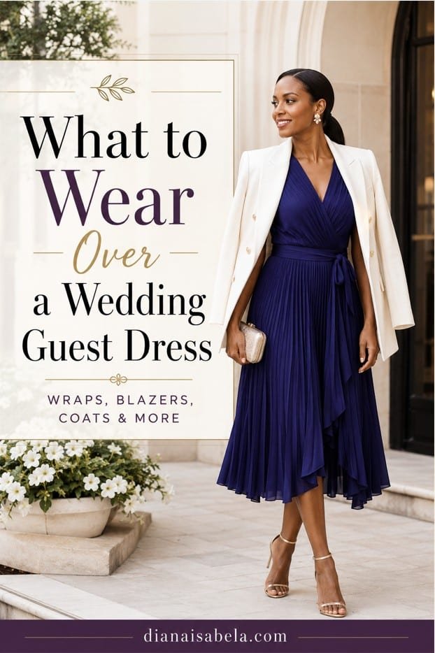 What to Wear Over a Wedding Guest Dress 3 Wedding guest dress layering guide with a navy dress, white blazer, elegant clutch, and polished styling for wraps, blazers, coats, and refined occasion layers