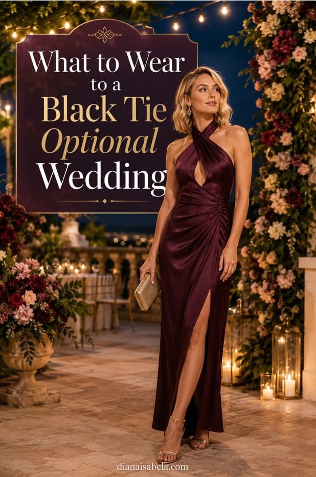 What to Wear to a Black Tie Optional Wedding: A Guest Outfit Guide 3 Black tie optional wedding guest style guide with a burgundy evening gown, formal accessories, and elegant reception outfit ideas