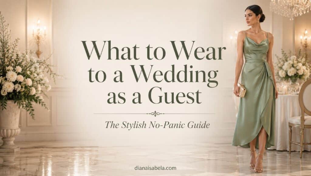 What to Wear to a Wedding as a Guest, Stylishly 2 Elegant wedding guest style banner with centered title text, sage green satin dress, luxury reception room, florals, and warm chandelier light