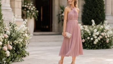 Stylish wedding guest in a soft pink midi dress outside an elegant garden wedding venue with florals and stone architecture