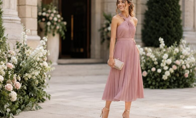 Stylish wedding guest in a soft pink midi dress outside an elegant garden wedding venue with florals and stone architecture