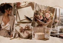 Luxury magazine collage with elegant woman, birthday card, pen, flowers, gift box, cake, and Paris café table