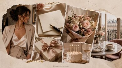 Luxury magazine collage with elegant woman, birthday card, pen, flowers, gift box, cake, and Paris café table