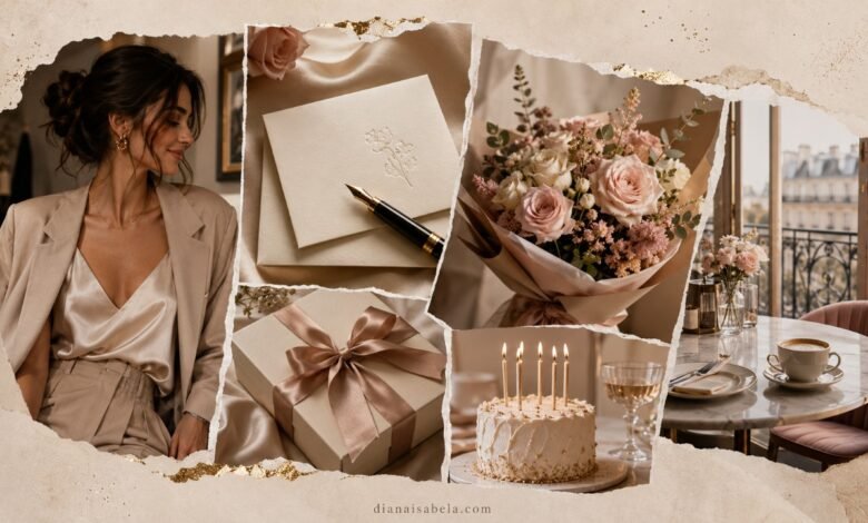 Luxury magazine collage with elegant woman, birthday card, pen, flowers, gift box, cake, and Paris café table
