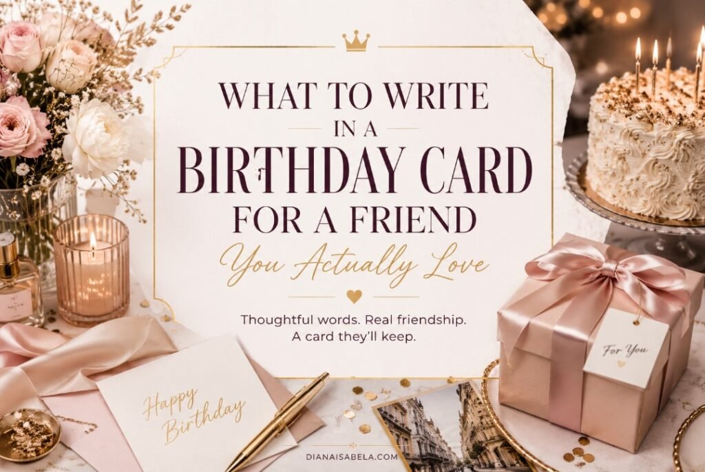 Luxury magazine birthday card banner with elegant celebration table, flowers, cake, gift box, and centered title text