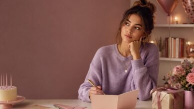 A thoughtful young woman writing in a birthday card at a cozy pastel desk with birthday stationery, cake, balloons, and gifts.