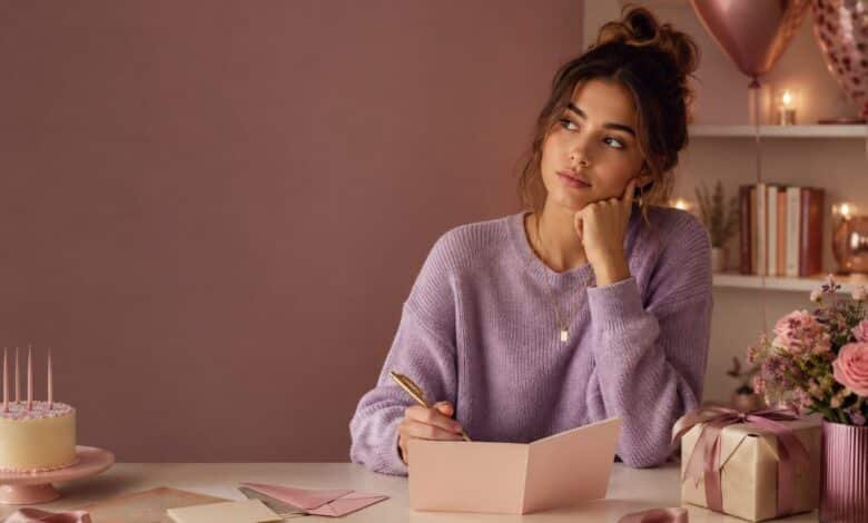 A thoughtful young woman writing in a birthday card at a cozy pastel desk with birthday stationery, cake, balloons, and gifts.