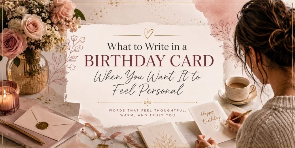Wide birthday card writing banner with centered title text, flowers, candle, stationery, and a woman writing a personal birthday message