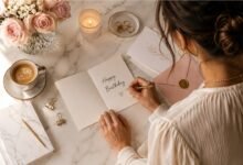 Stylish flat lay of a woman writing a personal birthday card with roses, candle, coffee, and elegant stationery