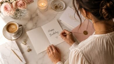 Stylish flat lay of a woman writing a personal birthday card with roses, candle, coffee, and elegant stationery