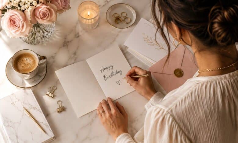 Stylish flat lay of a woman writing a personal birthday card with roses, candle, coffee, and elegant stationery