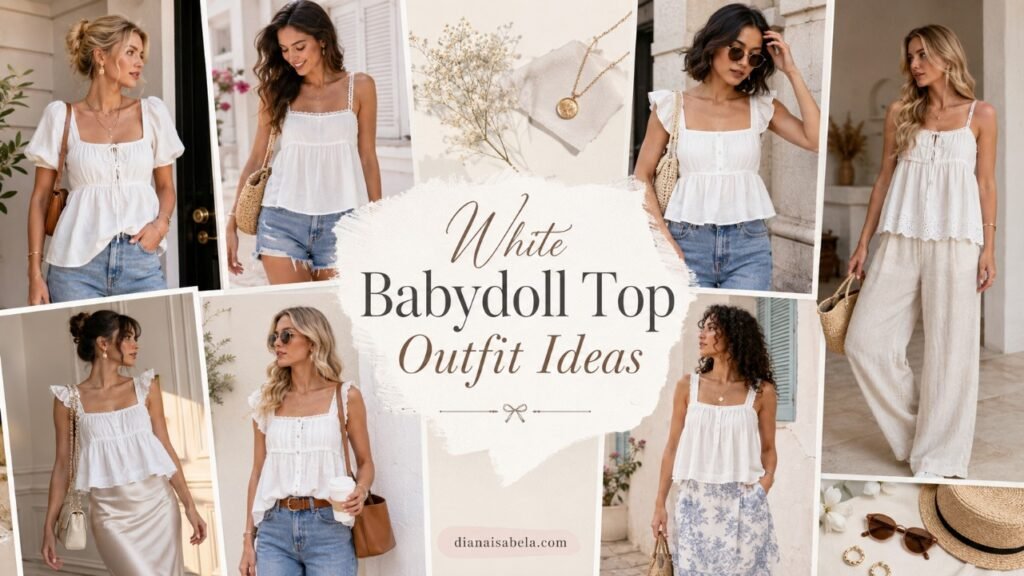 Editorial collage of different women wearing white babydoll tops in fresh summer outfit ideas
