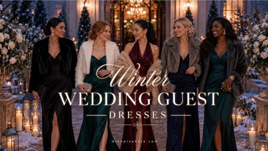 Winter wedding guest dresses banner with stylish women in faux fur jackets, jewel-tone satin dresses, snow, candles, and luxury venue lights