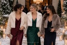 Stylish winter wedding guests in faux fur jackets over burgundy, emerald, and navy dresses at a snowy candlelit wedding venue
