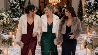 Stylish winter wedding guests in faux fur jackets over burgundy, emerald, and navy dresses at a snowy candlelit wedding venue